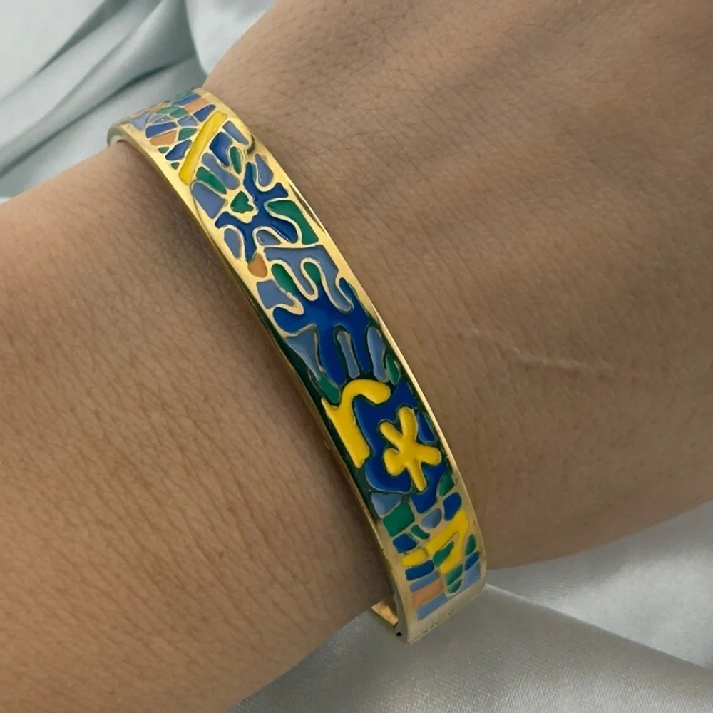 Colorful Anthropologie Gold Bracelet with Blue and Yellow Enamel
